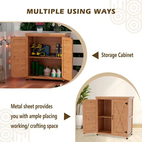 Potted Stool With Locker And Metal Tabletop For Outdoor Patio, Outdoor Workstation Table