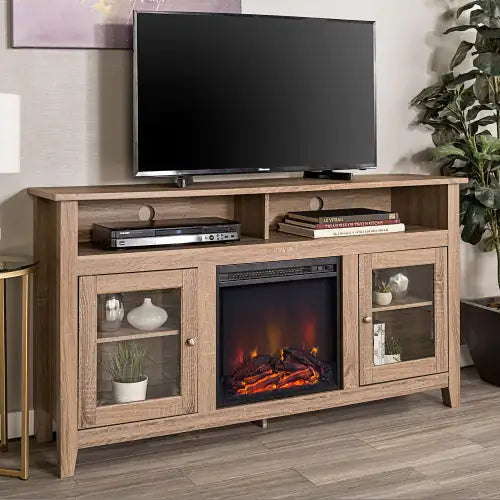 Classic Glass-Door Fireplace Tall TV Stand