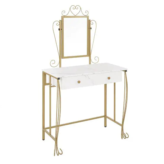 White Vanity Table Set With Mirror and Stool With Drawers