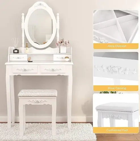 4 Drawer Vanity Table Set with Oval Mirror