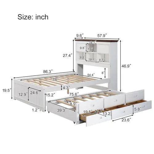 White Walnut Solid Pine Captain Bookcase Full Bed