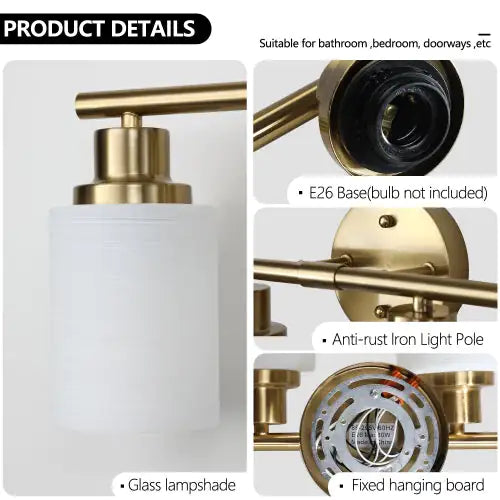 5 Gold Bathroom Vanity Lamp, Frosted Glass Shade