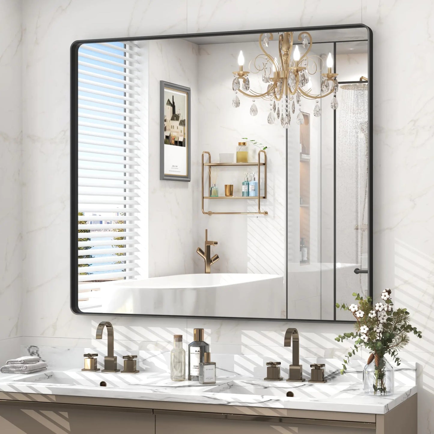 40x36 Inch Black Metal Framed Bathroom Mirror for Wall