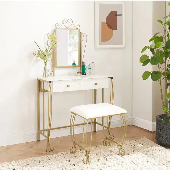 White Vanity Table Set With Mirror and Stool With Drawers