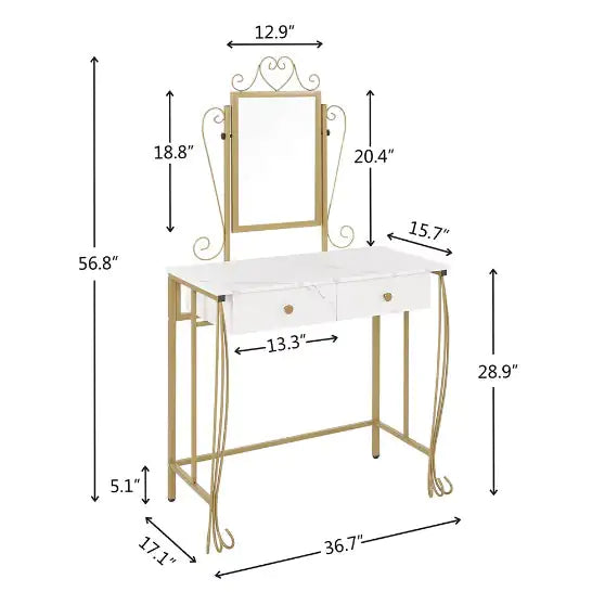 White Vanity Table Set With Mirror and Stool With Drawers