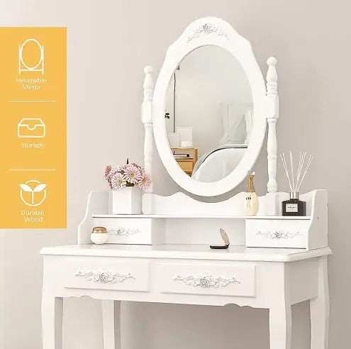4 Drawer Vanity Table Set with Oval Mirror