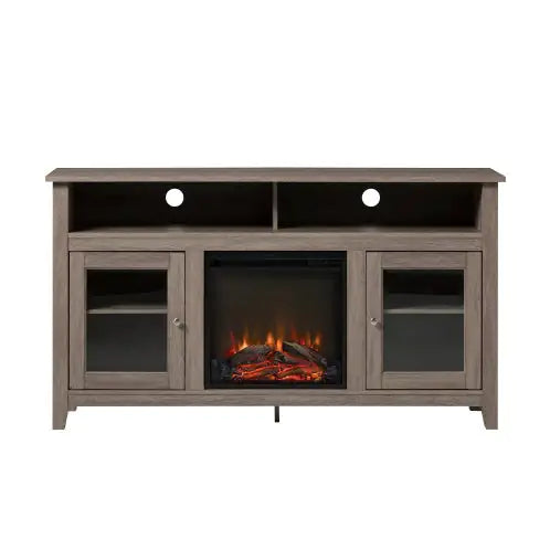 Classic Glass-Door Fireplace Tall TV Stand