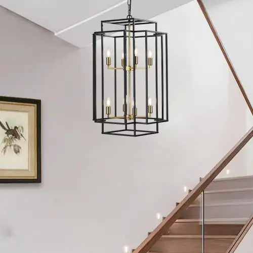 8 Lights Black & Gold Lantern Tiered Chandelier