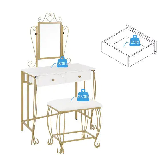 White Vanity Table Set With Mirror and Stool With Drawers