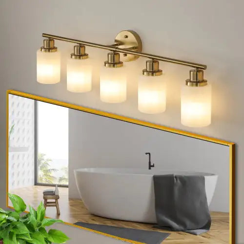 5 Gold Bathroom Vanity Lamp, Frosted Glass Shade