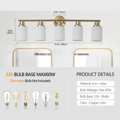 5 Gold Bathroom Vanity Lamp, Frosted Glass Shade