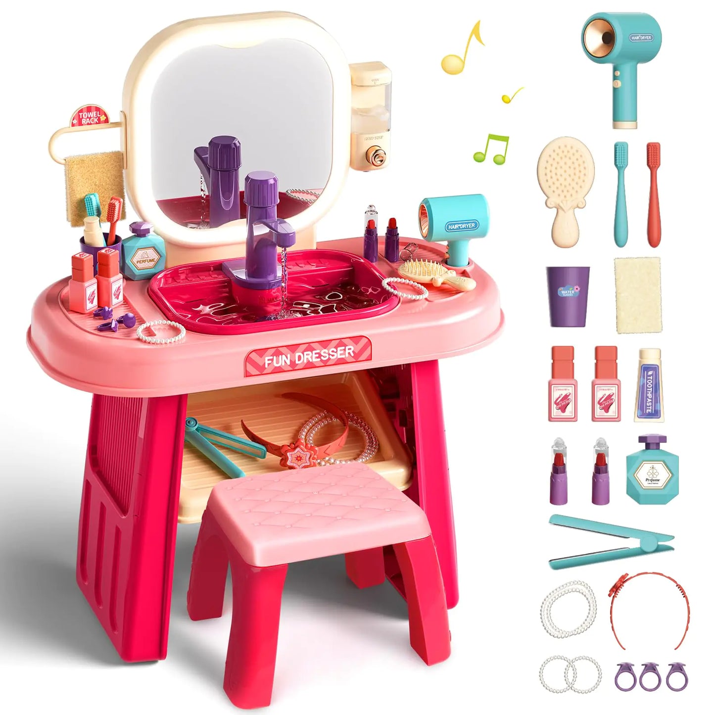 Pretend Play Girls Vanity Set with Stool