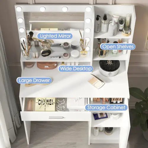 Large Three Level Vanity Desk With Mirror Lights