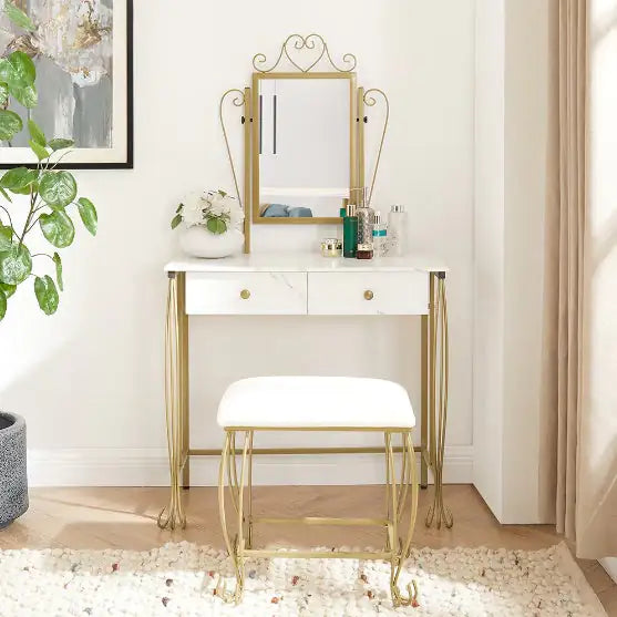 White Vanity Table Set With Mirror and Stool With Drawers