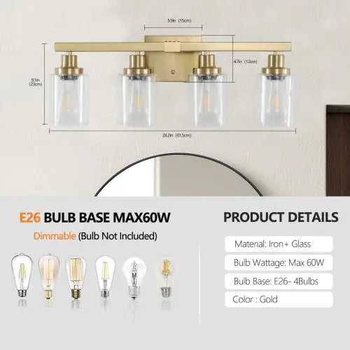 Gold 4 Lamp Vanity Light With Clear Glass Shade