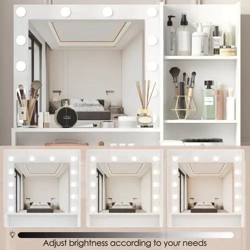 Large Three Level Vanity Desk With Mirror Lights