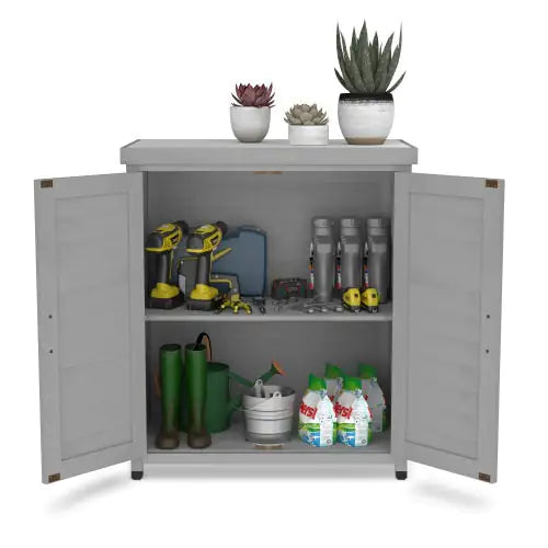 Potted Stool With Locker And Metal Tabletop For Outdoor Patio, Outdoor Workstation Table