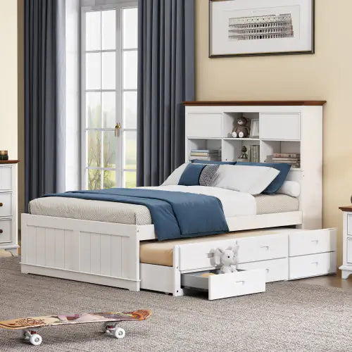 White Walnut Solid Pine Captain Bookcase Full Bed