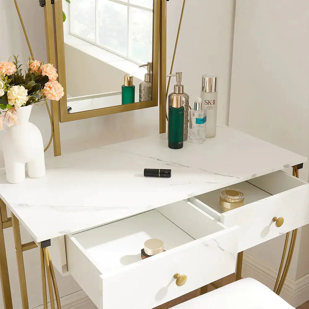 Vanity Table Set With Mirror Stool and Drawers