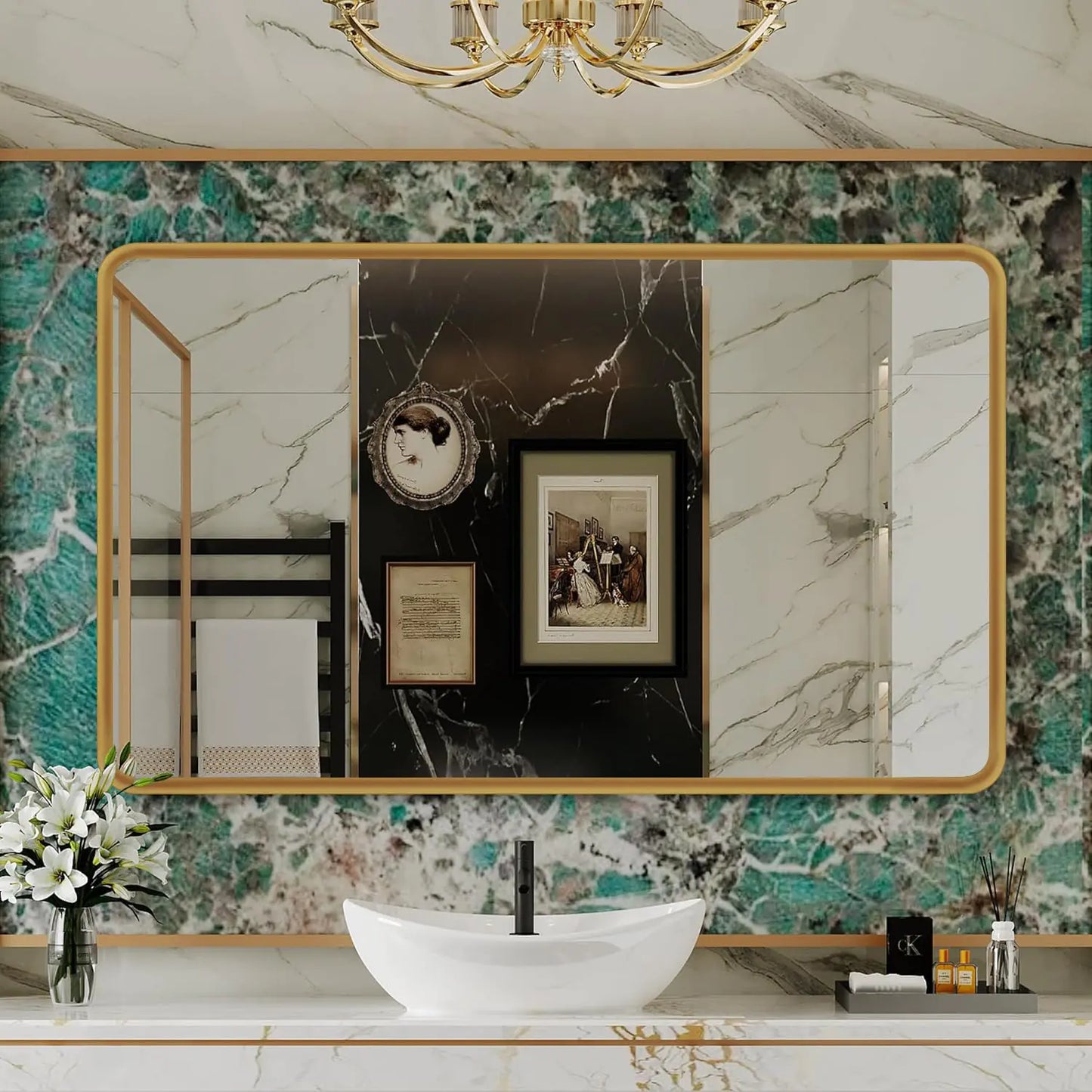 Gold Framed 55x30 Inch Rounded Rectangle Mirror