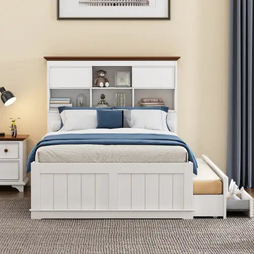 White Walnut Solid Pine Captain Bookcase Full Bed