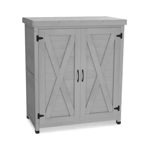 Potted Stool With Locker And Metal Tabletop For Outdoor Patio, Outdoor Workstation Table