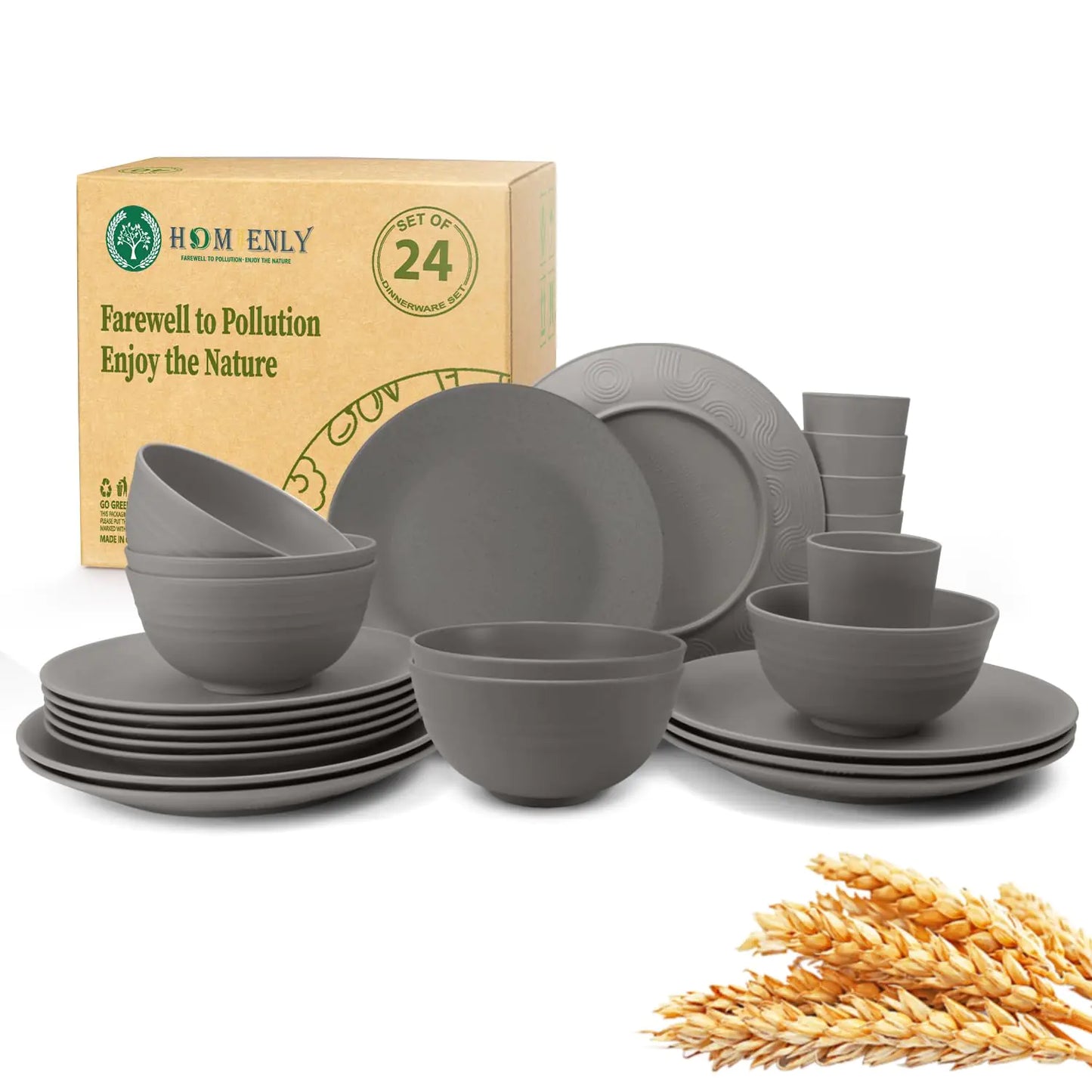 Grey Wheat Straw Dinnerware Sets Service for 6