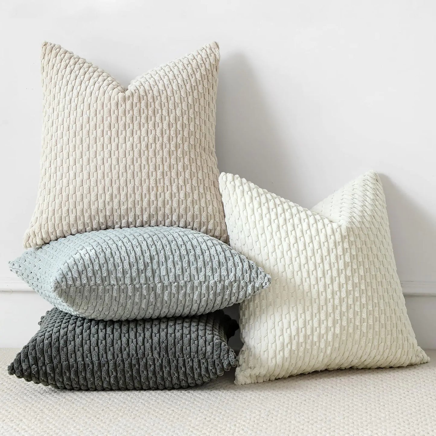 OTOSTAR Set of 4 Neutral Soft Corduroy Decorative Throw Pillow Covers 16x16 Inch Square Striped Boho Pillow Cases for Sofa Couch Bedroom Living Room Patio Farmhouse Modern Home Decor Cushion Cover