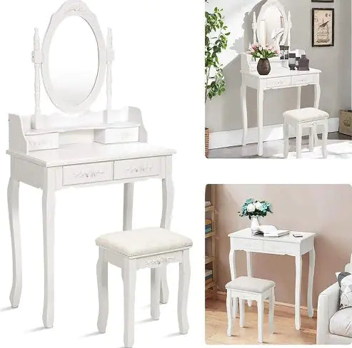 4 Drawer Vanity Table Set with Oval Mirror
