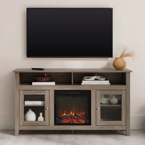 Classic Glass-Door Fireplace Tall TV Stand