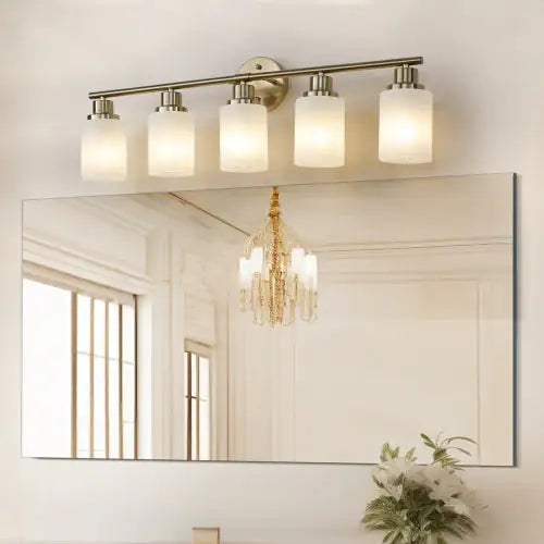 5 Gold Bathroom Vanity Lamp, Frosted Glass Shade