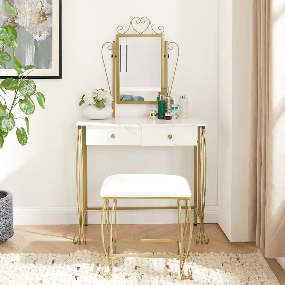 Vanity Table Set With Mirror Stool and Drawers