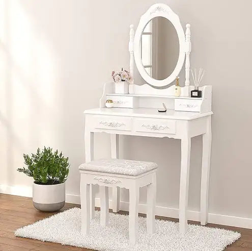 4 Drawer Vanity Table Set with Oval Mirror