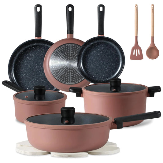16 Piece Kitchen Cooking Set with Stay-Cool Handles with Silicone Tools and Pot Protectors