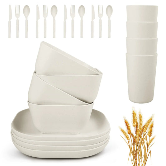 afcevnlb 24 Piece Wheat Straw Square Dinnerware Sets for 4 Unbreakable Dinner Plates and Bowls Sets for Camping Party Grill (White)