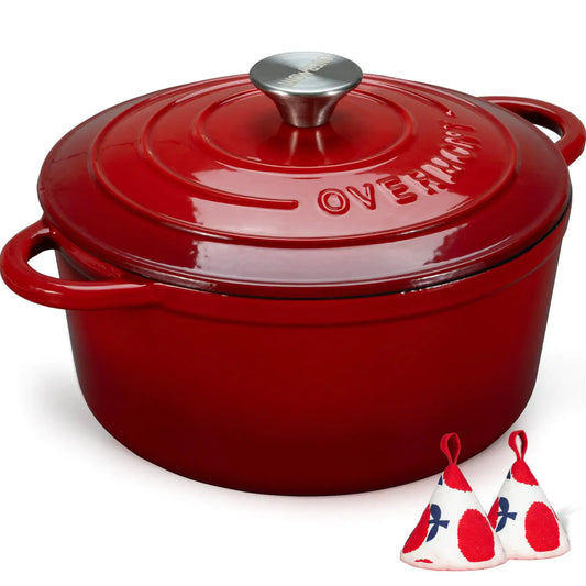 Red 7QT Pot  Enameled Cast Iron Dutch Oven with Lid Cookbook & Cotton Potholders