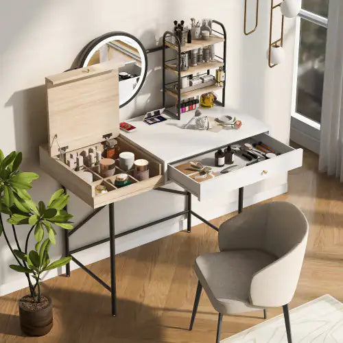 Makeup Vanity Desk With 3-Mode Lighted Mirror & Wireless Charging Station