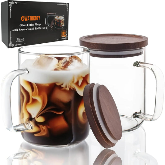 20oz Set of 2 Glass Coffee Cups with Acacia Wood Lid