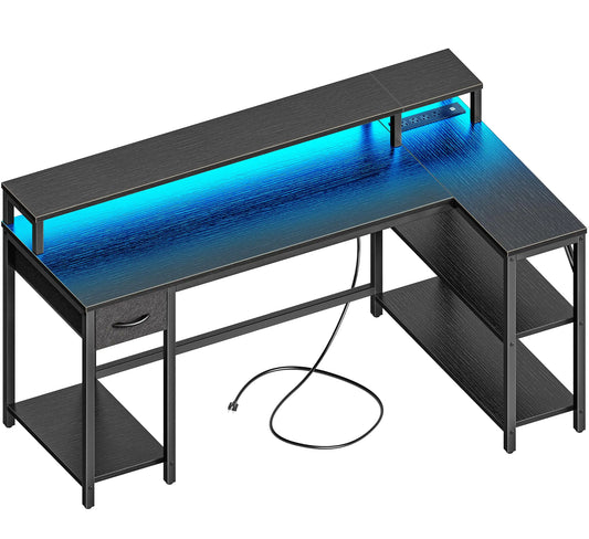 53 inch Reversible L Shaped Desk with LED Lights