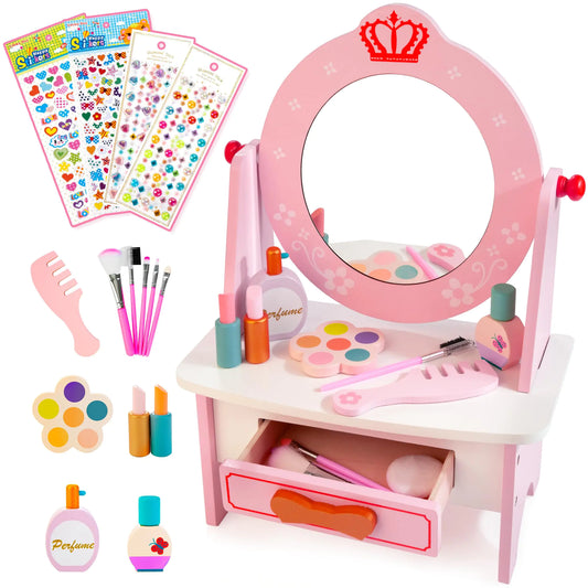 Wooden Vanity Set for Kids with Acrylic Mirror + Bonus Stickers