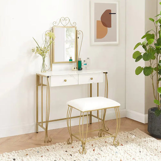 Vanity Table Set With Mirror Stool and Drawers