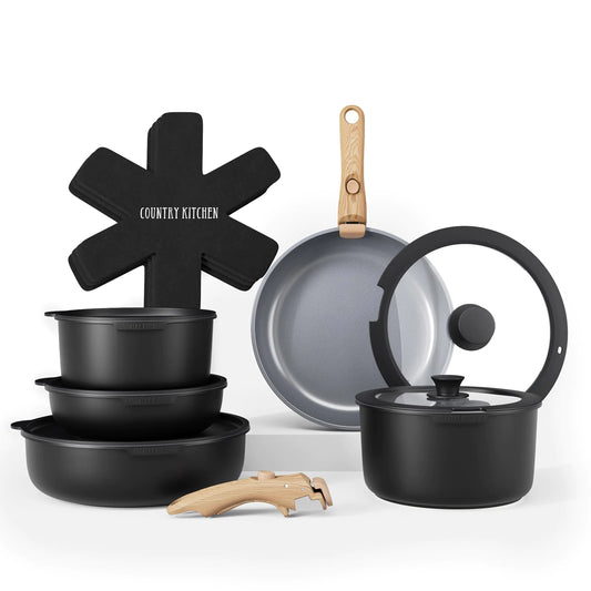 Cookware Set with Removable Handle Black/Grey Wood