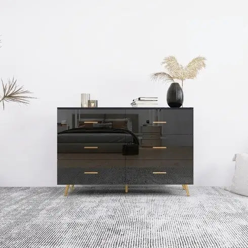 Black 6 Drawers Chest Of Drawer With Golden Handle And Golden Steel Legs