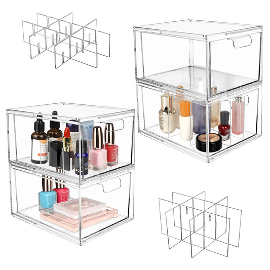 4 Stackable Cosmetic Desk Organizer with Removable Interior Partitions