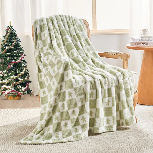 EMME Checkered Throw Blanket Cozy Fluffy Knit Throw Blankets - Green Super Soft Warm Throw Blankets for Couch Sofa Chair Bed Camping Picnic Travel Lightweight Bed Blanket (108" x 90")