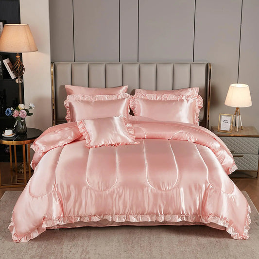 8 Pieces Pink Satin Bedding Queen Comforter Set