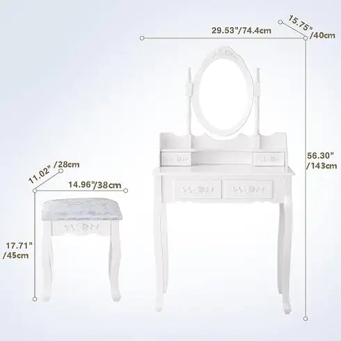 4 Drawer Vanity Table Set with Oval Mirror