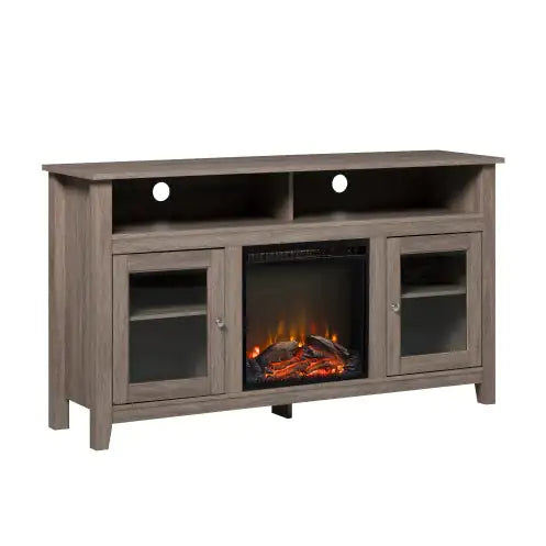 Classic Glass-Door Fireplace Tall TV Stand