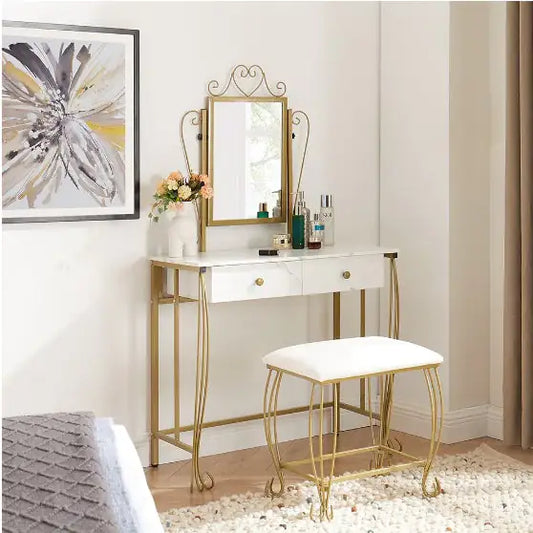 White Vanity Table Set With Mirror and Stool With Drawers