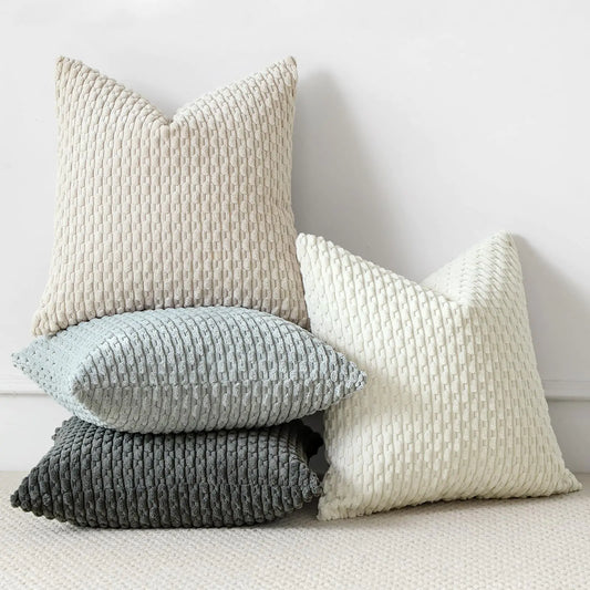 OTOSTAR Set of 4 Neutral Soft Corduroy Decorative Throw Pillow Covers 16x16 Inch Square Striped Boho Pillow Cases for Sofa Couch Bedroom Living Room Patio Farmhouse Modern Home Decor Cushion Cover
